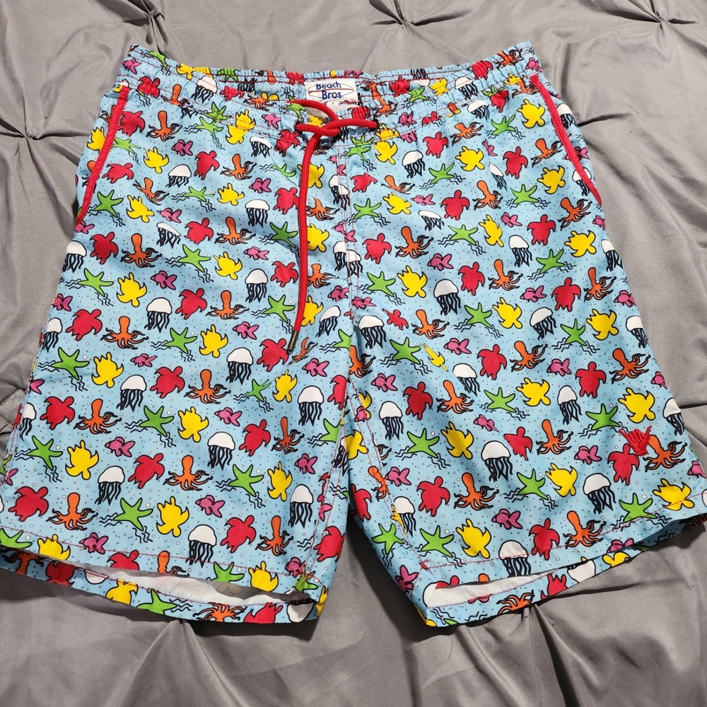 Beach Bros Mens Small Swim Trunks Blue Sea Life Jellyfish Octopus Starfish Print